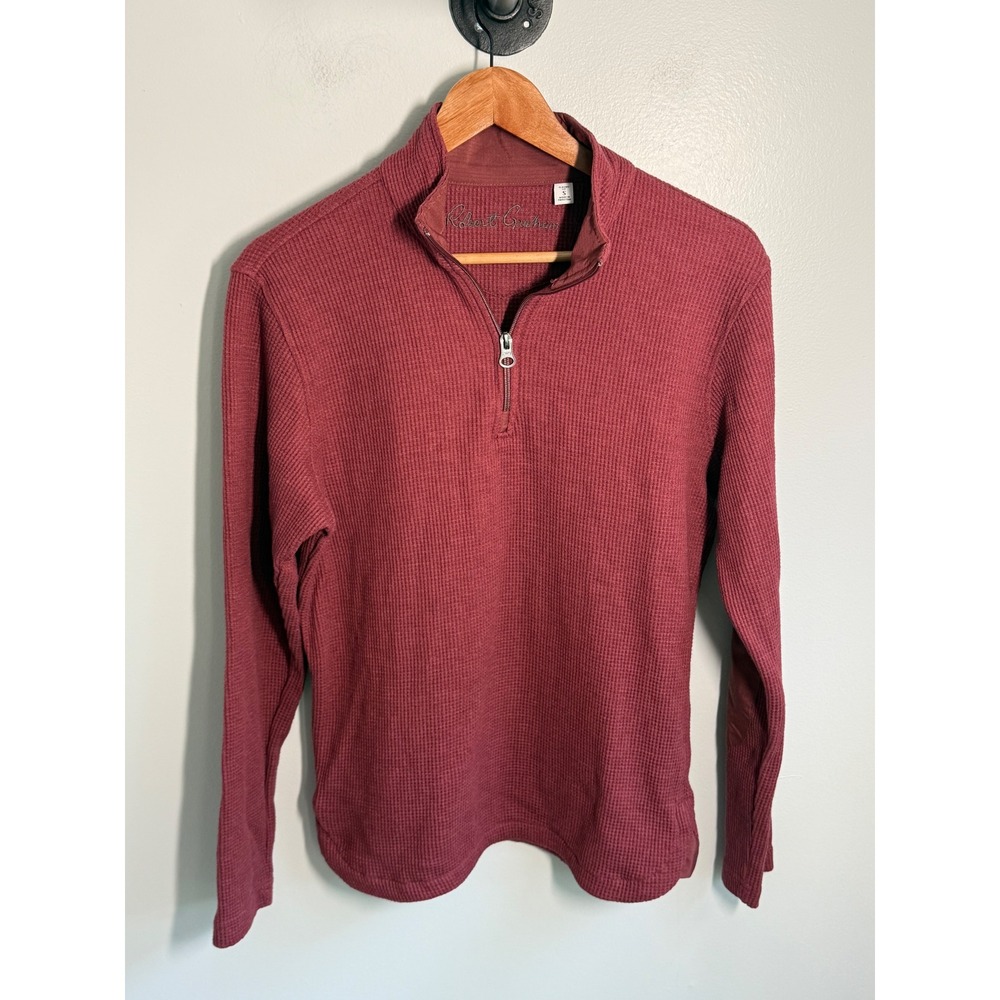 Robert Graham Mens Burgundy Waffle Knit Quarter Zip Pullover Elbow Patches Small